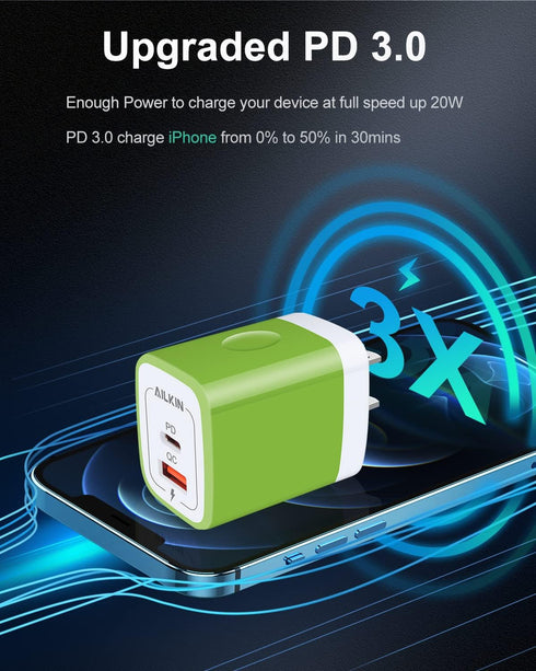 3Pieces C Charger Block, AILKIN 20W PD + QC3.0 USB-C Wall Charger Dual Port Box Cube for iPhone, Samsung Galaxy, Motorola, LG, Google Pixel, Super...