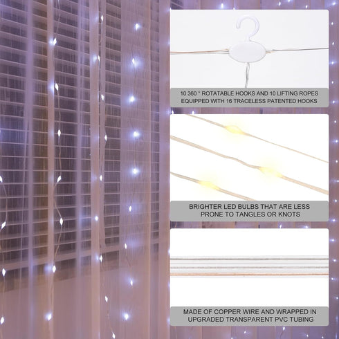 Upgrade 300LED White Curtain Light with Untangled Wires, 9.8ft x 9.8ft Copper Wire String Lights, USB Plug Hanging Window Fairy Lights, 8 Modes & ...