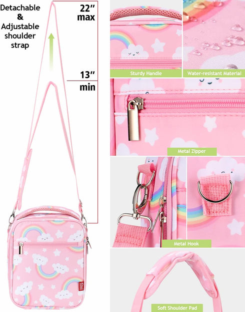 Lunch Box for Kids Girls Insulated Lunch Bag with Shoulder Strap and Pocket Pink Cute Lunch Cooler Thermal Meal Lunch Tote Bag for School Travel O...
