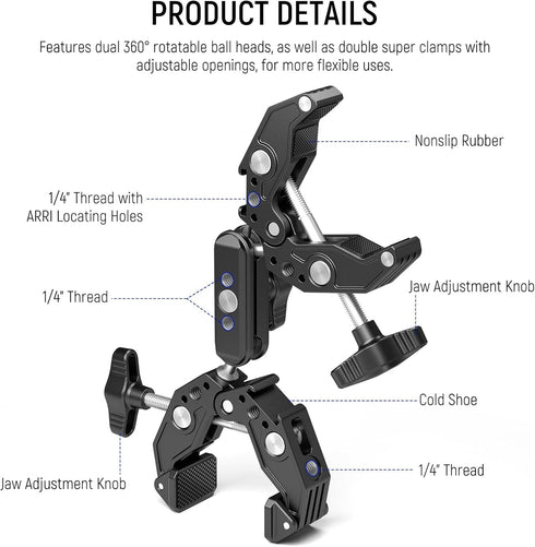 NEEWER Double Super Clamp Camera Mount with Magic Arm, Cold Shoes for Desk Studio Light Stand Holder Photography Reflector, Flag, Cross Bars, Moto...