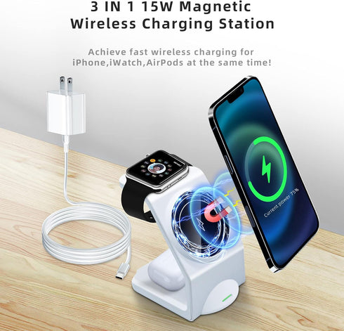 Wireless Charger Charging Station Magnetic 3 in 1 Charging Station for Apple Multiple Devices for Apple -15/14 Pro Max, iWatch Ultra/8/se/7/6/5/4/...