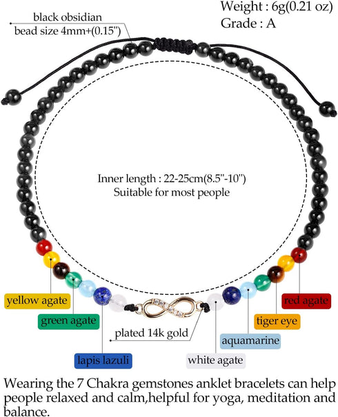 Jewever Black Obsidian with 7 Chakra Infinity Beach Anklet Bracelet for Women Foot Worry Stone Relife Anxiety Jewelry Healing Crystals and Gemston...