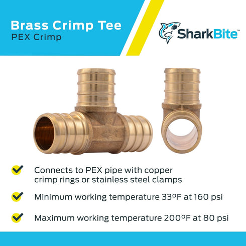 SharkBite 3/4 Inch Crimp Tee, Brass Plumbing Fitting, PEX Pipe, PE-RT, UC370LFA...