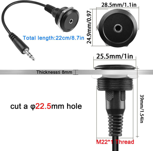 QIANRENON TRS 3.5mm Stereo Threaded Fixing Round Connector 1/8 TRS Male to Female Short Cable Panel Mount Headphone Adapter for Microphones Headph...