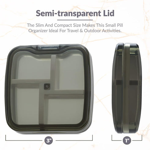 Compact Pill Box Organizer - Portable Waterproof Medicine Organizer and Daily Pill Container with Removable 4 Compartment Divider - Durable ABS Si...