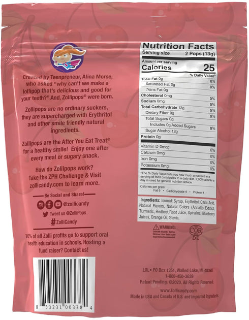 Zollipops Clean Teeth Lollipops, Cherry, 3.1 Ounce...