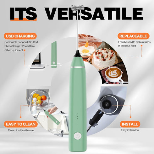 Milk Frother Rechargeable Handheld Electric Whisk Coffee Frother Mixer with 2 Stainless whisks 3 Speed Adjustable Foam Maker Blender for Coffee Ma...