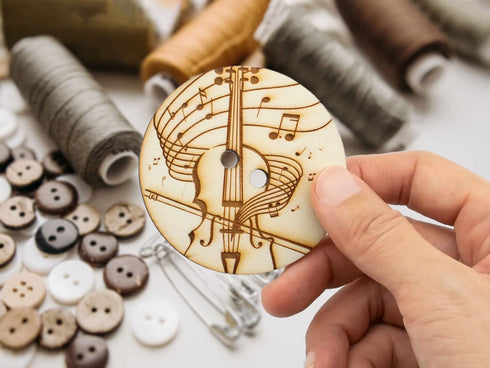 30pcs 2.36" (60mm) Musical Notes Engraved Wooden Button Sewing DIY Craft...