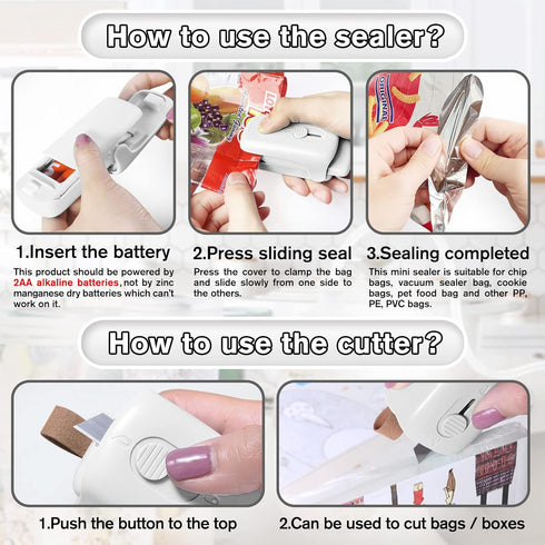 Mini Chip Bag Sealer, Handheld Heat Vacuum Sealer and Cutter, Portable Chip Bag Resealer Machine for Snack Plastic Fresh Bags Cookies - White - 2x...