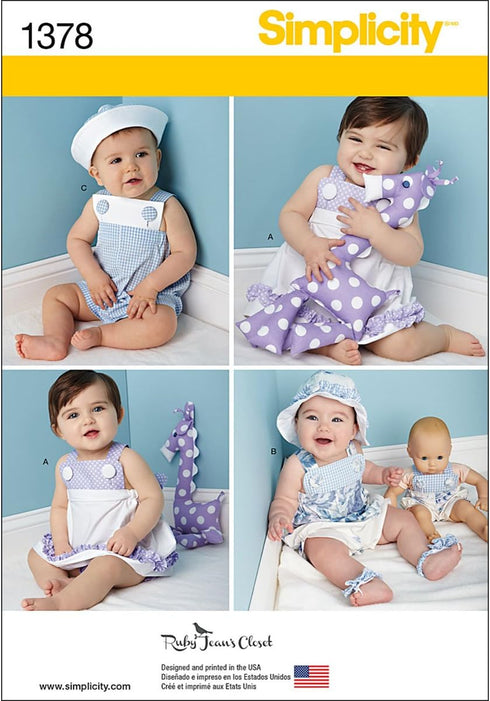 Simplicity 1378 Doll and Baby Clothes with Stuffed Animal Sewing Pattern, 15'' Dolls and 1-18 Month Babies...