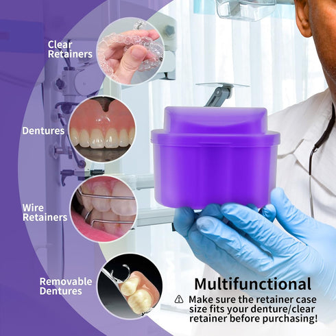 Denture Soaking Cup Dental Retainer Case Cleaning with Strainer Basket, Orthodontic Bath Box Mouthguard Storage Holder - Purple...