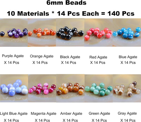 Massive Beads 140PCS 6MM Natural Crystal Beads Stripe Agate Gemstone Round Loose Energy Healing Beads with Free Crystal Stretch Cord for Jewelry M...