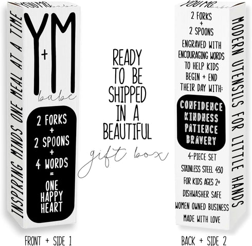 Emotions Utensil Set for Kids (4pcs) Stainless Steel Engraved with Motivational Words to Encourage Eating | Ages 2+ | Child Flatware Cutlery Set |...