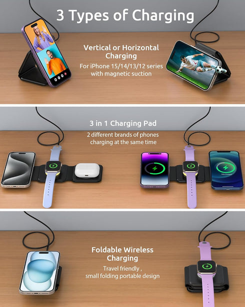 3 in 1 Foldable Wireless Charger, Wireless Charging Station for iPhone 15/14/13/12/11 Pro Max/X/XS, Fast Magnetic Travel Wireless Charging Pad for...