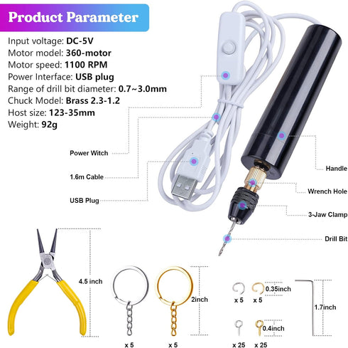 LET'S RESIN Electric Resin Drill, 74Pcs Hand Drill Supplies with 3-Jaw Clamp-Applicable to A Larger Drilling Range (0-3mm), Grip Nose Pliers, Keyc...