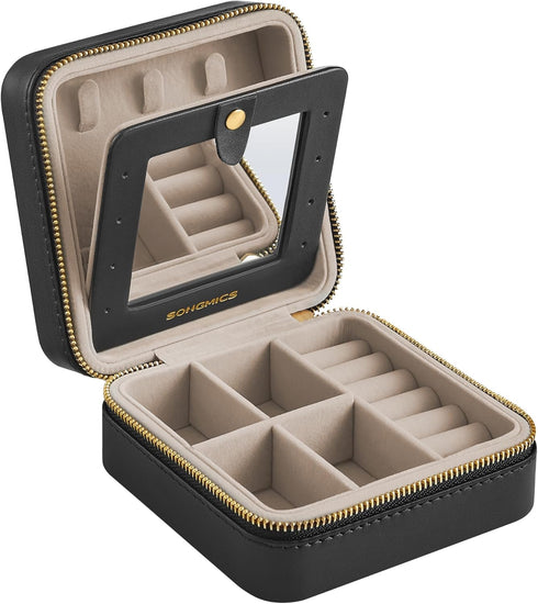 SONGMICS Jewelry Box, 4.5 x 4.5 x 2.2 Inches Travel Jewelry Box with Interior Mirror, PU Leather Jewelry Storage for Women, Small Jewelry Organize...