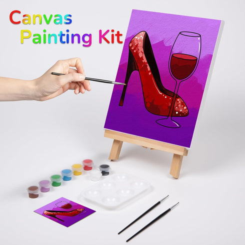 VOCHIC Paint and Sip kit Pre Drawn Canvas Painting Kit for Adults Painting Party Supplies Kit with Picture to Paint 1 Easel, 8 Acrylic Colors,3 Br...