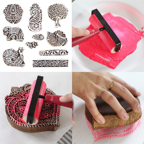 HASHCART Wooden Pottery Stamps for Block Printing - Stamp Set of 10, Made in India Ink Stamps, Wood Blocks for Crafting on Fabric, Blocks, Clay & ...