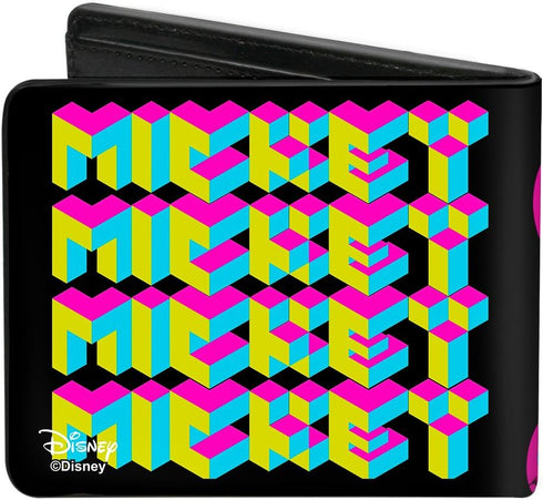 Buckle-Down Men's Disney Wallet, Bifold, CMYK Mickey Mouse Walking Pose Pixel Text Black Multi Neon, Vegan Leather, Multicolor, Standard Size...