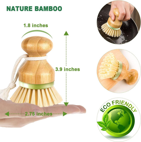 Bamboo Dish Brush, Scrub Brush for Dishes Pots Pans Kitchen Sink Cast Iron Skillet Cleaning, Pack of 2...