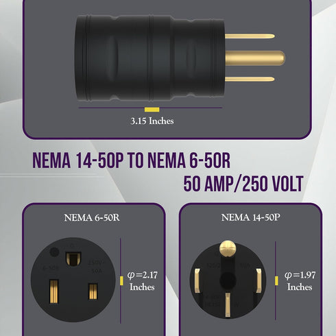 ENERLITES 66352 4 Male Plug to 50 Amp 3 Prong Female Power Adaptor NEMA 14-50P to 6-50R EV Charger Adapter Cord, 50A, Black...