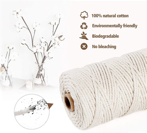 MOTYAWN Macrame Cord 3mm x 109 Yards, 100% Natural Cotton Cord Macrame Rope, 3 Strand Twisted Macrame String Supplies for for DIY Macrame and Craf...
