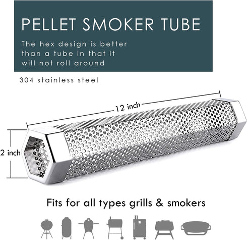 12'' Smoke Tube for Pellet Smoker, Premium Stainless Steel Pellet Smoker Tube Grill Accessories for All Grill or Smoker, Hot or Cold Smoking Gener...