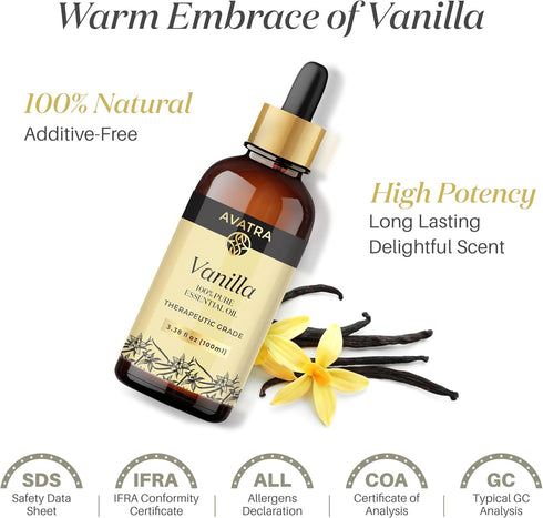 Avatra Vanilla Essential Oil for Diffuser, Skin, & Aromatherapy | Natural & Undiluted Oil for Soap & Candle Making | Long Lasting Scent- 3.38 Fl O...