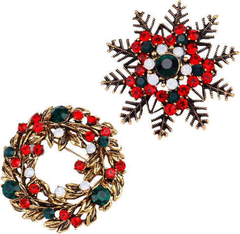 2Pcs Christmas Brooch Pin Rhinestone Brooch with Christmas Wreath Snowflake Design Enamel Lapel Pins for Christmas Holiday Party...
