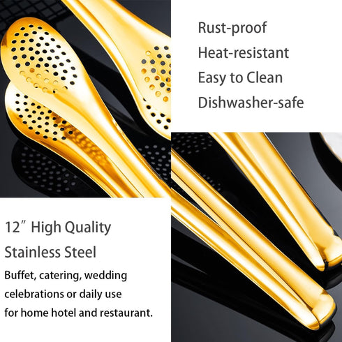 12 Inch Gold Tongs for Serving Utensils Stainless Steel Salad Tongs Serving Tongs for Buffet Dessert Party Kitchen Catering 4 Pack...