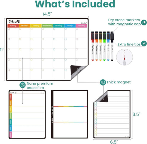 CLEVER CLEAN Magnetic Dry Erase Monthly Calendar Set - 14.5"x11" Monthly Calendar, 6.5"x8.5" Weekly, Daily, List Boards for Fridge - 6 Extra Fine ...