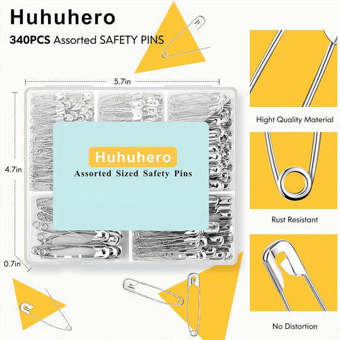 Huhuhero 340 Pack Safety Pins Assorted, Small and Large Safety Pins for Clothes Costume, 5 Different Sizes Nickel Plated Steel Pin Bulk, Sewing Cr...