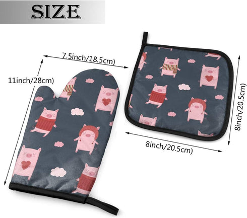 Cute Cartoon Pigs Oven Mitts and Pot Holders Sets Heat Resistant Oven Gloves with Non-Slip Surface for Reusable for Baking BBQ Cooking...