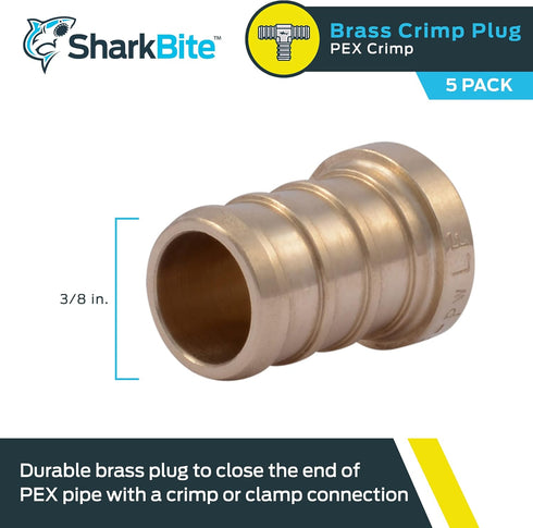 SharkBite 1/2 Inch Crimp Plug, Pack of 5, Brass Plumbing Fitting, PEX Pipe, PE-RT, UC514LFA5...