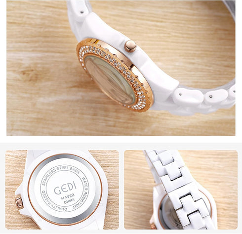 Womens Luxury Wrist Watch Fashion Rhinestone White Ceramic Watch Casual Lady Nice Dress Watches (Rose Gold)...