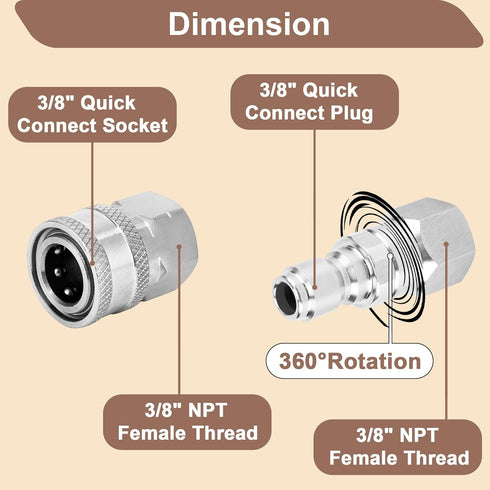 3/8” Quick Connect Fittings, Pressure Washer Swivel Fitting, Power Washer Swivel Connector, 3/8” NPT Female Quick Connect Kit, Stainless Steel...