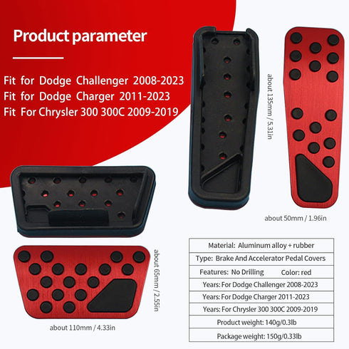 Aluminum Alloy Pedal Cover for Dodge Challenger 2008-2023 for Charger 2011-2023 for Chrysler 300 300C 2009-2019 No Drilling Aluminum Brake and Acc...