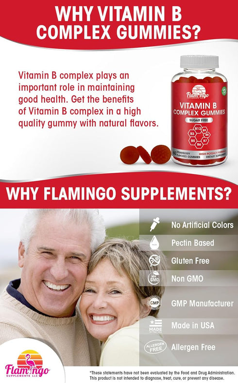 Sugar Free Vitamin B Complex Gummies - Vitamin B12, B7, B6, B3 (Niacin), B5, B8, B9 (Folate)- Third Party Tested- Prenatal, Vegan Diet, Older Adul...