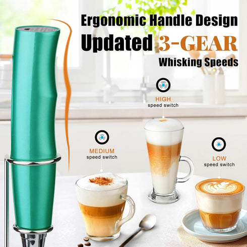 Nahida Turquoise Milk Frother Wand for Coffee Frother Handheld with Stand Electric Whisk with 3 Heads 3 Speeds Drink Mixer Coffee Frother Foam Mak...