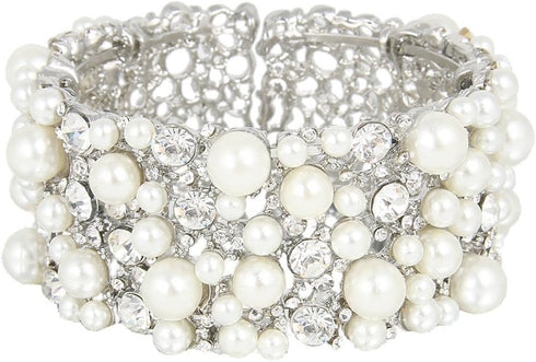 EVER FAITH Women's Wedding Jewelry Austrian Crystal Cream Simulated Pearl Bridal Cuff Bracelet Clear Silver-Tone...