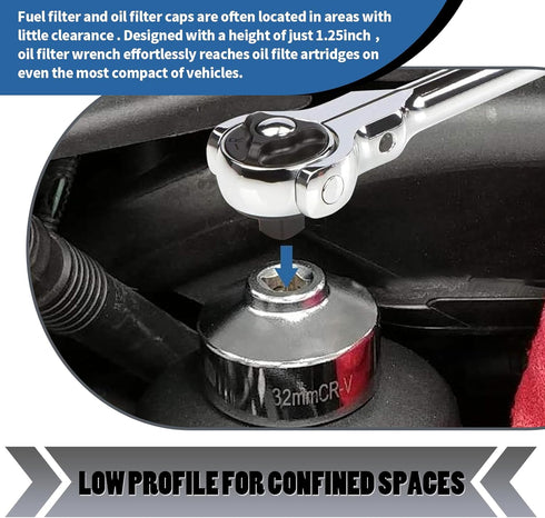 Pack-1 Car 32MM 6-Point Oil Filter Wrench, 3/8" Oil Filter Removal Tool, Oil Pan Filter Special Socket Wrench, Oil Filter Cap for Ecotec, TDI, VW,...