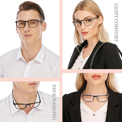 AQWANO 2 Pack Flexible TR90 Reading Glasses for Women Men Long Arms for Neck Hanging, Ultra-light Sports Style Readers Blue Light Block Anti Glare...