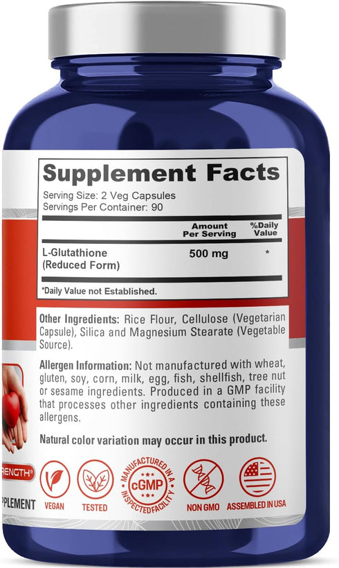 NusaPure Reduced Glutathione 500mg 180 Veggie Capsules (Vegan,Non-GMO) L-Glutathione...