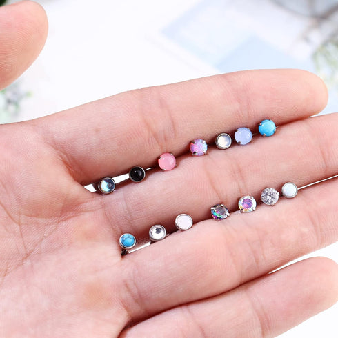 YADOCA 14Pairs Hypoallergenic Flat Back Stud Earrings for Women Men Surgical Steel Screw Back Tiny CZ Opal Moonstone Turquoise Screwback Earrings ...