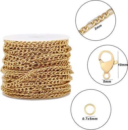 Shuaizhennuo Figaro Chain Link 32.8 Feet 304 Stainless Steel Bracelet Necklace Chain Spool in Bulk for DIY Men Women Jewelry Making with Lobster C...