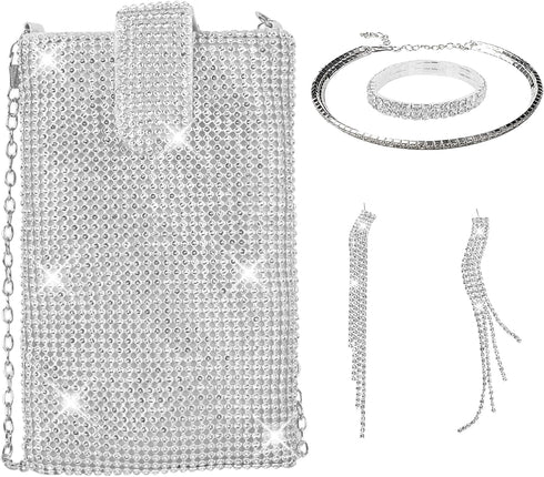 QZUnique Rhinestone/Sequin Bucket Bag with Jewelry Set Women Silver Bling Evening Handbag Glitter Diamond Cell Phone Purse...