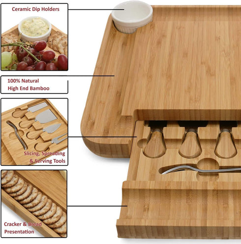 Bamboo Charcuterie Boards Cheese Board Set Premium Large Cheese Platter & Serving Tray 4 Stainless Steel Knife House Warming Gifts New Home Housew...