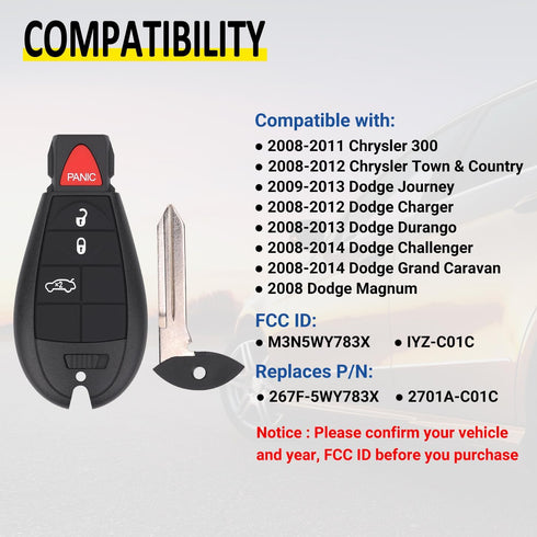 Key Fob Entry Remote Control Key Compatible with Chrysler 300, Dodge Charger, Dodge Challenger, Dodge Magnum, Replacement for M3N5WY783X IYZ-C01C,...