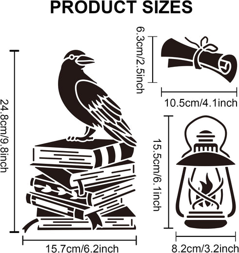 Crow Book Stencils Raven Stencil Feather Pen Magnifying Glass Kerosene Lamp Candle Pattern 11.8×11.8inch with Paint Brush for Wood Furniture Wall ...