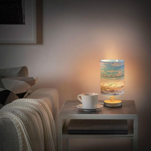 Starfish Summer Beach Bedside Table Lamp for Bedroom Nightstand, Small Eye Care LED Desk Reading Lamp USB Port Wood Base Round Flaxen Fabric Shade...